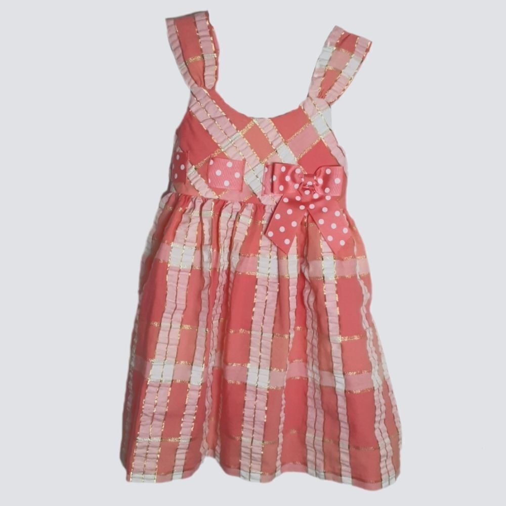 Bonnie Jean Dress Sleeveless Plaid Polka Dot Sash‎ Bow Pink Peach Size 5